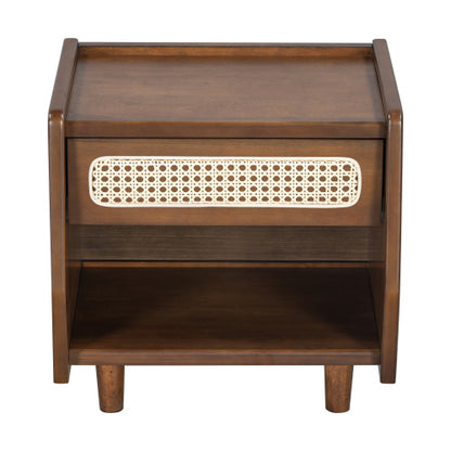 Walnut Nightstand with Rattan Detail, MDF + Solid Wood, Modern Bedroom Storage, Open Shelf & Drawer, Indoor Furniture
