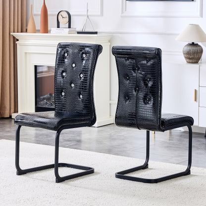 Set of 2 Retro Alligator Skin PVC Dining Chairs, Crystal Buckle Chairs with Black Powder Coated Metal Bow Legs