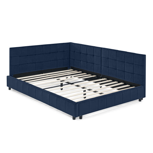 Full Size Upholstered Tufted  Bed Frame, Sofa Bed Frame with Comfortable Backrest and Armrests, Full Size Bed for Bedroom, Living Room,Velvet, Dark blue(80.5inch *59inch *30.5inch )