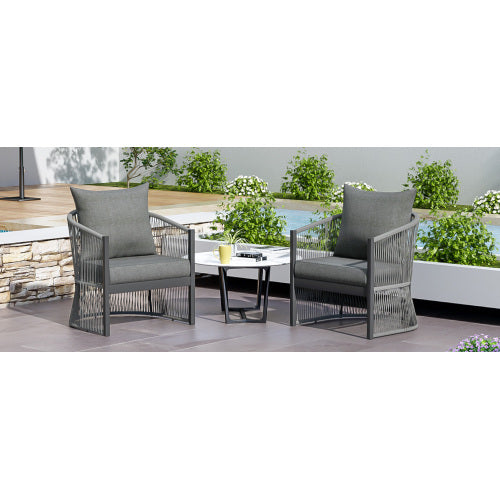 [Set of 2] Modern Gray Curved Aluminum Lounge Chair with Stylish Rope-Weave Design and Cushioned Comfort, Perfect for Outdoor Living