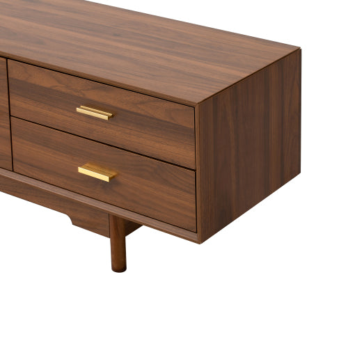 78.7 inch Walnut Fluted Glass Door TV Stand 2 Drawer Media Console Solid Wood Leg For 85 inch TV