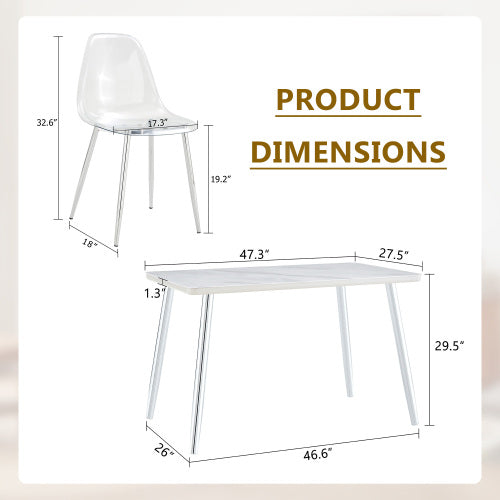5-Piece Marble Glass Dining Set, Double-Layer Table & 4 Transparent Plastic Chairs with Silver Legs
