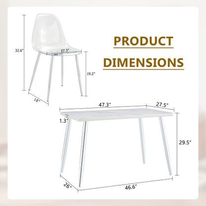 5-Piece Marble Glass Dining Set, Double-Layer Table & 4 Transparent Plastic Chairs with Silver Legs