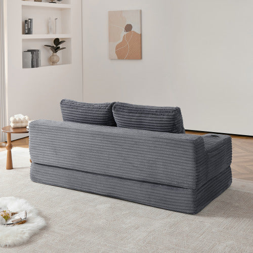 70.8-inch corduroy two-in-one sofa bed, featuring a lounge chair with two throw pillows, built-in cup holders in the armrests, and side storage pockets-ideal for living rooms, bedrooms, and relaxation