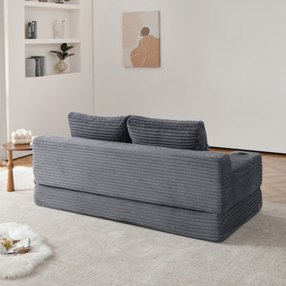 70.8-inch corduroy two-in-one sofa bed, featuring a lounge chair with two throw pillows, built-in cup holders in the armrests, and side storage pockets-ideal for living rooms, bedrooms, and relaxation