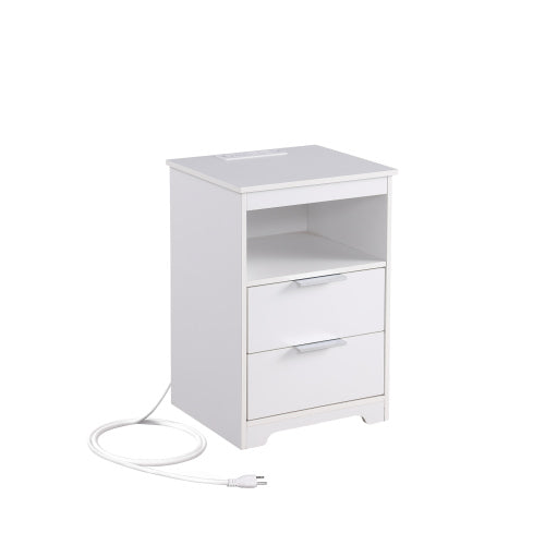 White Wooden Nightstand with Charging Station, 2 Drawers & Open Shelf Modern Side Table