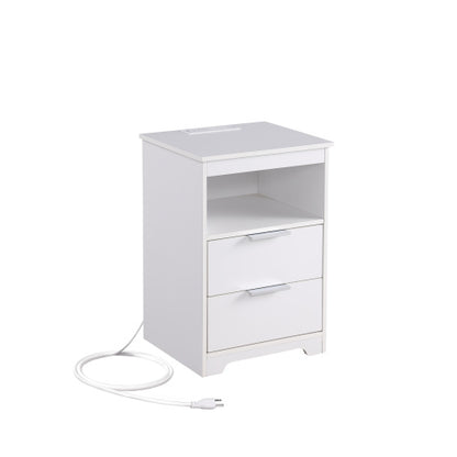 White Wooden Nightstand with Charging Station, 2 Drawers & Open Shelf Modern Side Table