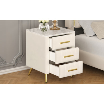 Upholstered Wooden Nightstand with 3 Drawers and Metal Legs&Handles, Bedside Table with Marbling Stickers Worktop - Beige