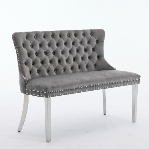 Velvet Double Dining Loveseat Bench, Kitchen & Dining Seating, 2-Seat Tufted Bench w/Handmade Buttons, Wing Back, Brushed Silver Stainless Steel Legs, Mid Century Modern,Single Pack,Gray