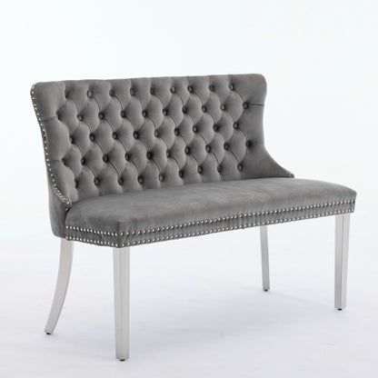 Velvet Double Dining Loveseat Bench, Kitchen & Dining Seating, 2-Seat Tufted Bench w/Handmade Buttons, Wing Back, Brushed Silver Stainless Steel Legs, Mid Century Modern,Single Pack,Gray