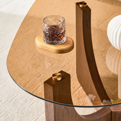 Triangular Tea-Colored Tempered Glass Coffee Table, Walnut MDF Legs