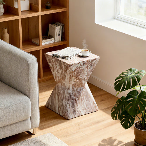 Cement Outdoor End Tables for Patio, GardenAccent Table Faux Terrazzo Accent Table, Modern Small Round Side Tablefor Outside, Tree Stump Garden Stool DrumTable indoor and Outdoor