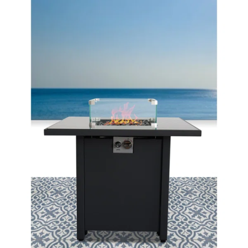 30" Black Powder-Coated Metal Fire Pit with Smoked Glass Top