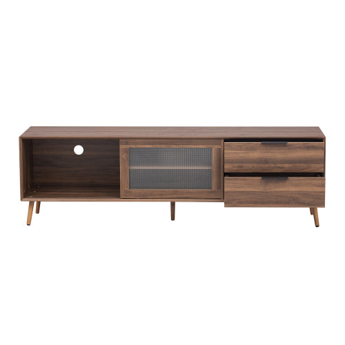 70.8 Inch Walnut Mid-Century TV Stand Tempered Glass Sliding Door Media Console for 75 inch+ TV
