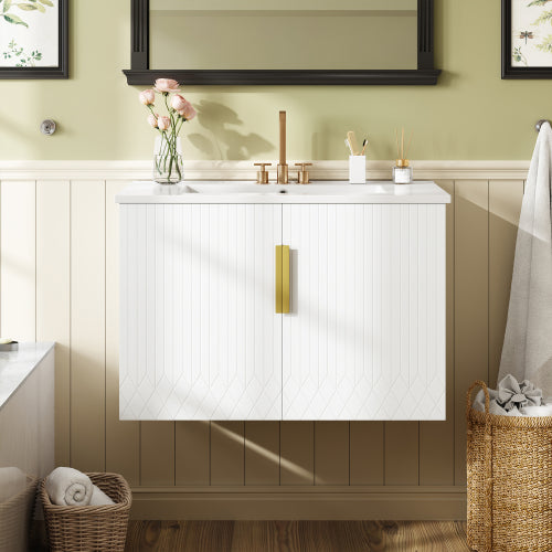 30" Vintage Bathroom Vanity with Ceramic Sink, with 3 Holes Single Ceramic Sink, Bathroom Storage Vanity Cabinet with 2 Soft Closing Doors