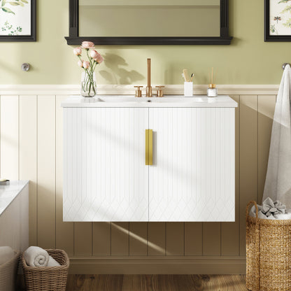 30" Vintage Bathroom Vanity with Ceramic Sink, with 3 Holes Single Ceramic Sink, Bathroom Storage Vanity Cabinet with 2 Soft Closing Doors