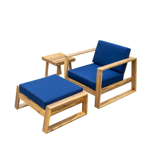 STYLE Acacia Wood Outdoor Lounge Set - Chair and Ottoman with Removable Cushions