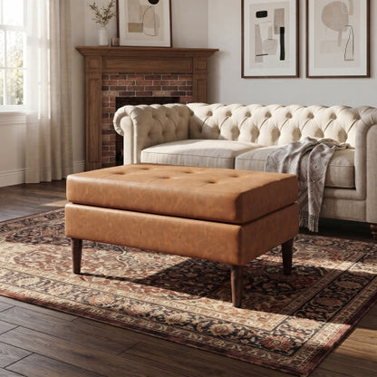 PU Leather Ottoman with Tufted Design and Solid Wood Legs