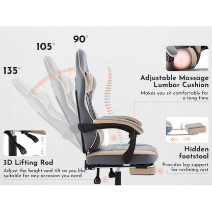 Gaming Chair, Ergonomic Computer Chair with Footrest and Massage Lumbar Support, Height Adjustable Swivel Video Game Chair for Adults, 300lb Max, Blue Beige