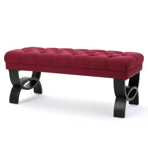 Red Tufted Ottoman Bench with Diamond Stitching and Half Circle Legs