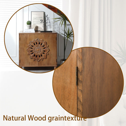 Rustic Hand-Carved Floral 2-Door Wooden Cabinet Bohemian Style Solid Wood Leg Storage Sideboard For Home Decor