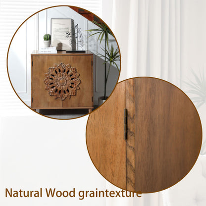 Rustic Hand-Carved Floral 2-Door Wooden Cabinet Bohemian Style Solid Wood Leg Storage Sideboard For Home Decor