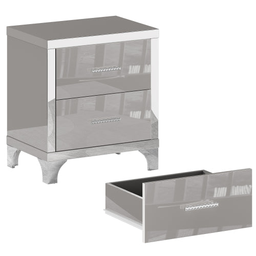 High Gloss Mirrored Nightstand with 2 Drawers,Modern End Table with Drawers,Mirrored High Gloss Wood Nightstand Metal Handle Bedside End Table for Bedroom, Dorm,Living Room,Grey