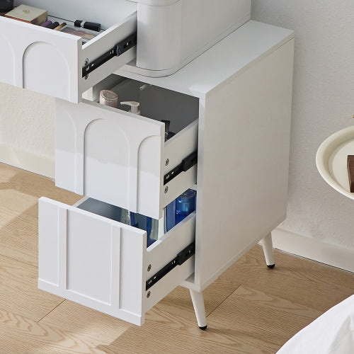 White Modern Vanity Desk Set, Fluted Wave Panel, 3 Color Dimmable LED Mirror, Adjustable Side Cabinet & PU Stool