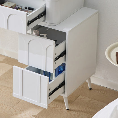 White Modern Vanity Desk Set, Fluted Wave Panel, 3 Color Dimmable LED Mirror, Adjustable Side Cabinet & PU Stool