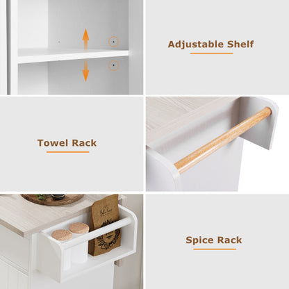 Kitchen Island Cart with Trash Storage Drop Leaf and Adjustable Shelves White