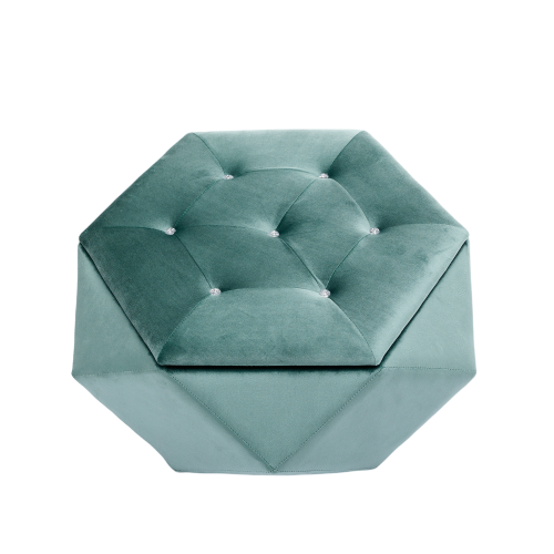 34 inch Green Polygon Velvet Storage Ottoman, Diamond Tufted Upholstered Footrest for Living Room & Bedroom Storage