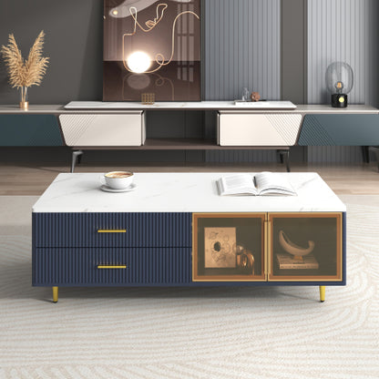 Modern Blue Coffee Table with Glass Doors Drawers LED Lighting Gold Legs