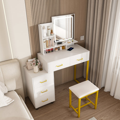 Makeup Vanity with LED Lights&3 Color and Power Outlet Makeup Vanity Table with 5 Drawers with Sturdy Metal Leg and Metal Chair Dressing Table for Bedroom Dressing Room (White)