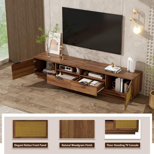 78.74 inch Walnut 2 Rattan Door 2 Drawer Legless TV Stand Open Shelf Media Console Supports 85 inch TV