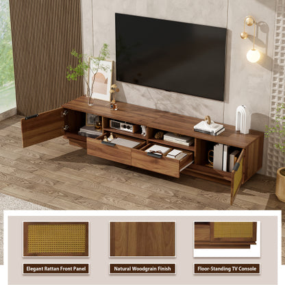 78.74 inch Walnut 2 Rattan Door 2 Drawer Legless TV Stand Open Shelf Media Console Supports 85 inch TV