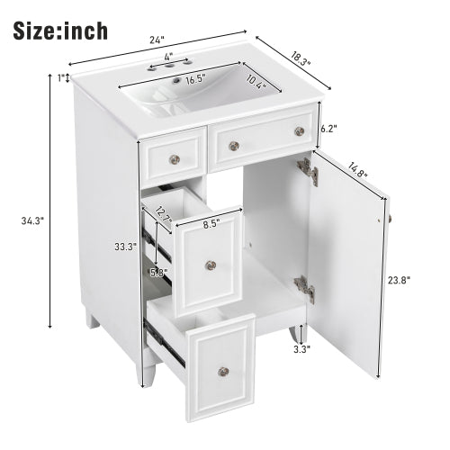 24-Inch Bathroom Vanity Cabinet with Ceramic Sink, 2 Drawers, 1 Door