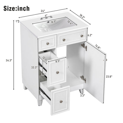 24-Inch Bathroom Vanity Cabinet with Ceramic Sink, 2 Drawers, 1 Door
