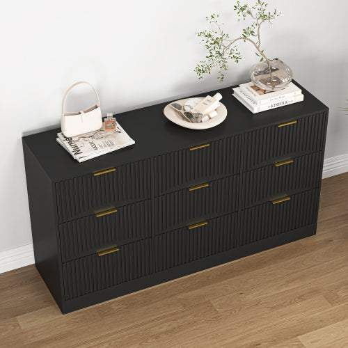 Black 9 Drawer Dresser, 63" Large Deep Chest of Drawers, Wooden Dresser Storage Cabinet with 9 Drawers for Bedroom, Long Dressers for Living Room, Hallway, Drawer panel with wavy patterns