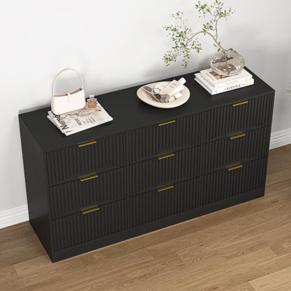 Black 9 Drawer Dresser, 63" Large Deep Chest of Drawers, Wooden Dresser Storage Cabinet with 9 Drawers for Bedroom, Long Dressers for Living Room, Hallway, Drawer panel with wavy patterns