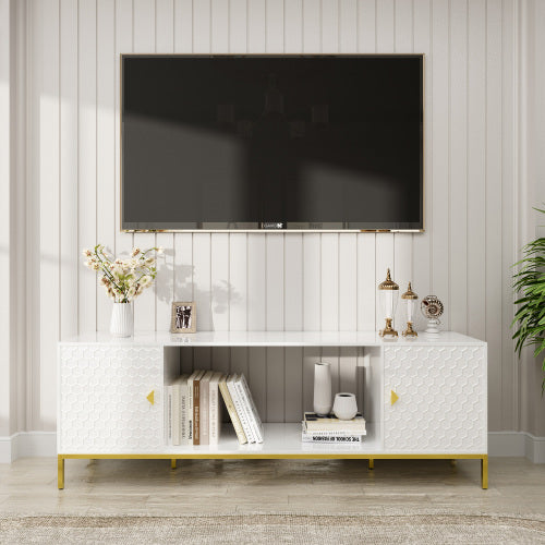 70 Inch White Honeycomb Embossed TV Stand with Golden Tapered Legs (Fireplace Space Reserved)