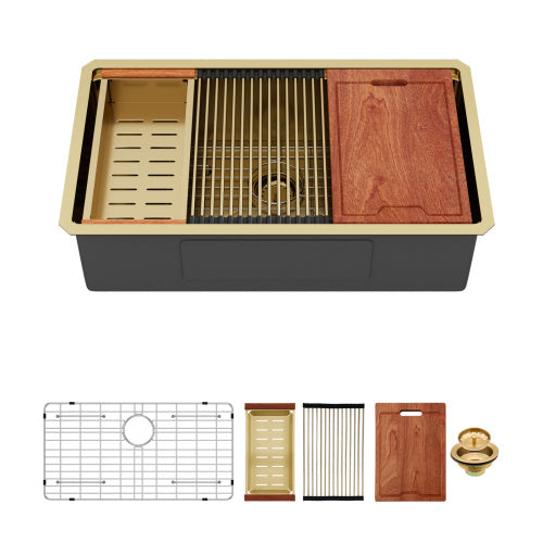 Single Bowl Undermount Workstation Gold Kitchen Sink - 36" x 19" x 9" Inch 16 Gauge Stainless Steel Deep Sink