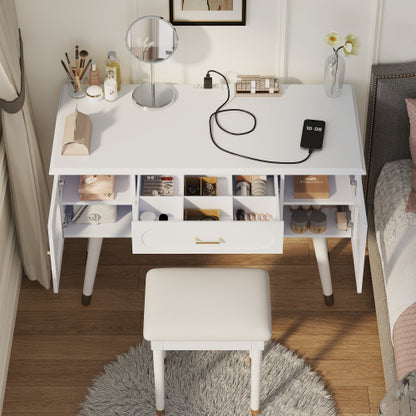 White Multi Purpose Vanity Table & Stool Set, Built in 2 Outlet & 2 USB Charging Port, Carved Glass Cabinet