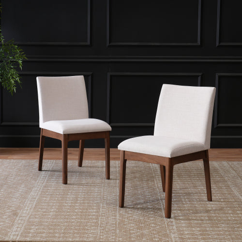 Set of 2 Contemporary Minimalist Dining Chairs, Walnut Rubberwood Legs with Light Beige Upholstery
