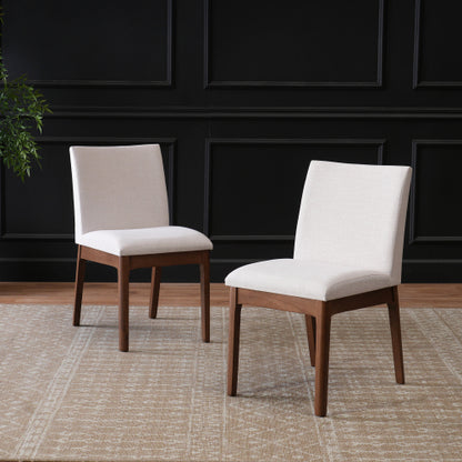 Set of 2 Contemporary Minimalist Dining Chairs, Walnut Rubberwood Legs with Light Beige Upholstery