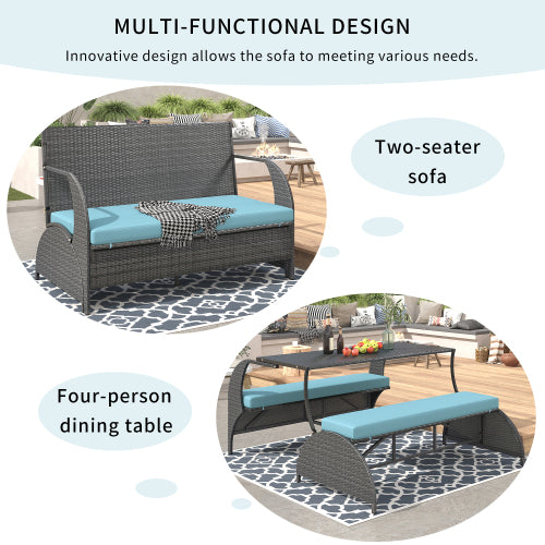 U_STYLE 2-in-1 Convertible Picnic Upholstered Bench Table,57.1" Outdoor Loveseat,Portable Picnic Table Couch,Convertible To 4 Seats&1 Table,For Garden,Lawn,Backyard,Porch,Patio