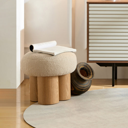 Beige Teddy Mushroom Ottoman, Walnut Finish Barrel Base Cute Foot Stool for Living Room Entryway