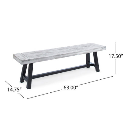 Light Grey Sandblast Finish Acacia Wood Dining Bench with Black Rustic Metal Finish Frame