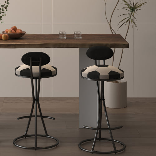 Upholstered S-shaped Barstools Set of 2 Velvet Counter Bar Stools Football Print Round Dining Stool for Kitchen & Living Room (Black Frame & Black Back)