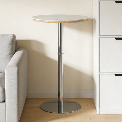 Rock slab circular tabletop non adjustable (39 inches high) bar table, bar table with silver legs and base (white)