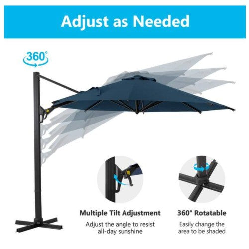 11 Ft Blue Round Large Cantilever Patio Umbrella with 360° Rotation & Tit Adjustment and Heavy Duty Offset Polyester Canopy Deck Umbrella.